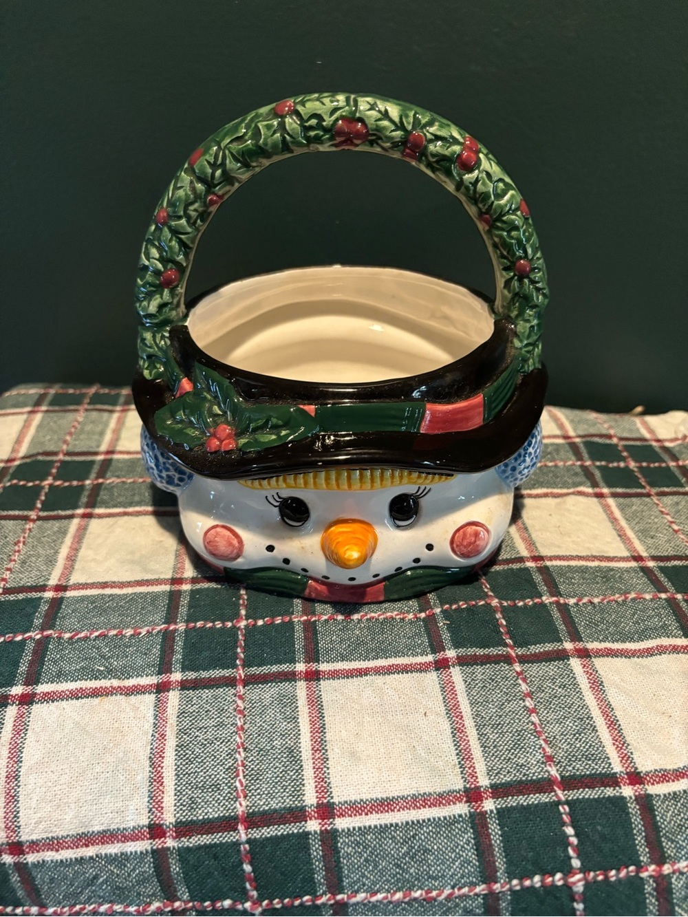 Vintage Ceramic Snowman Basket with Green Holly Handle in Original Box